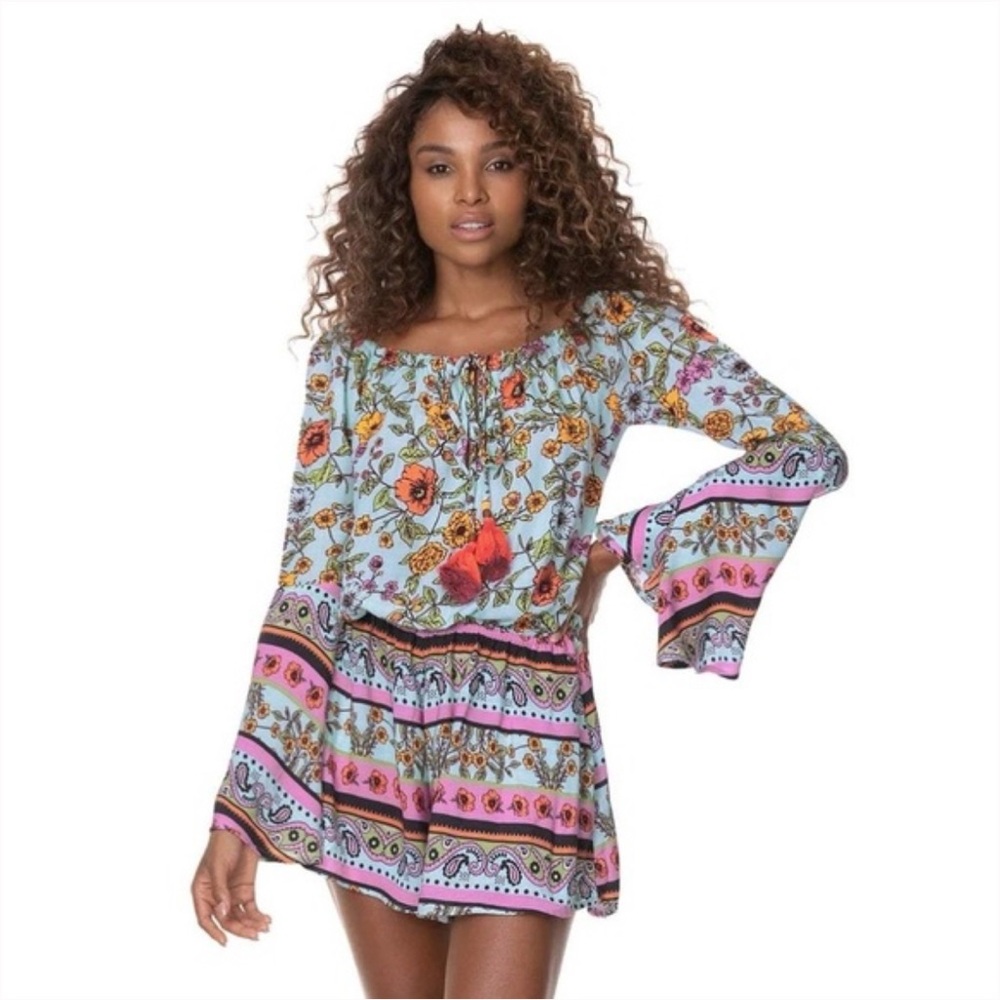 Maaji Boho Floral Off-The-Shoulder Romper with Bell Sleeves & Tassels